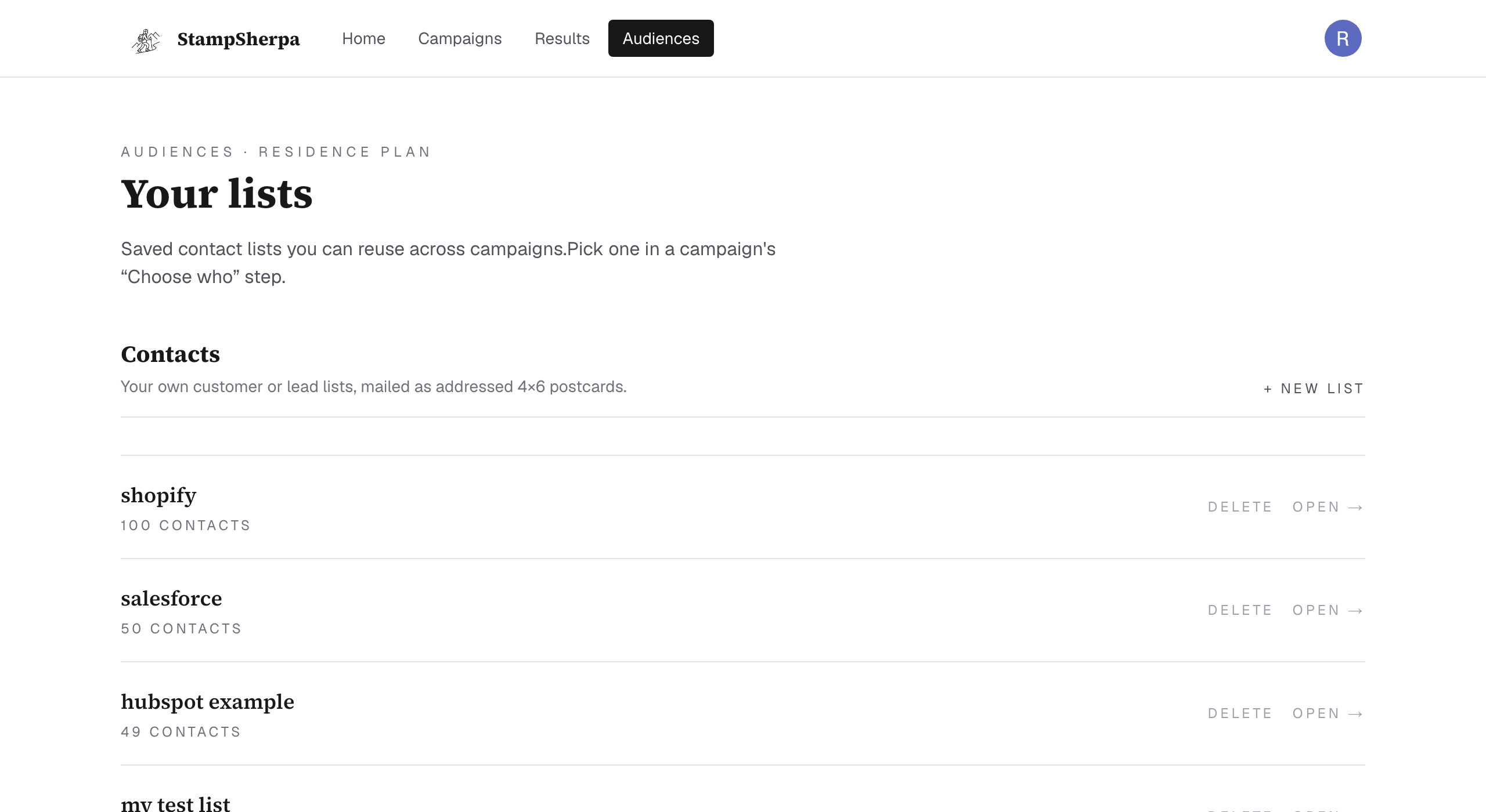 The Audiences page listing saved recipient lists