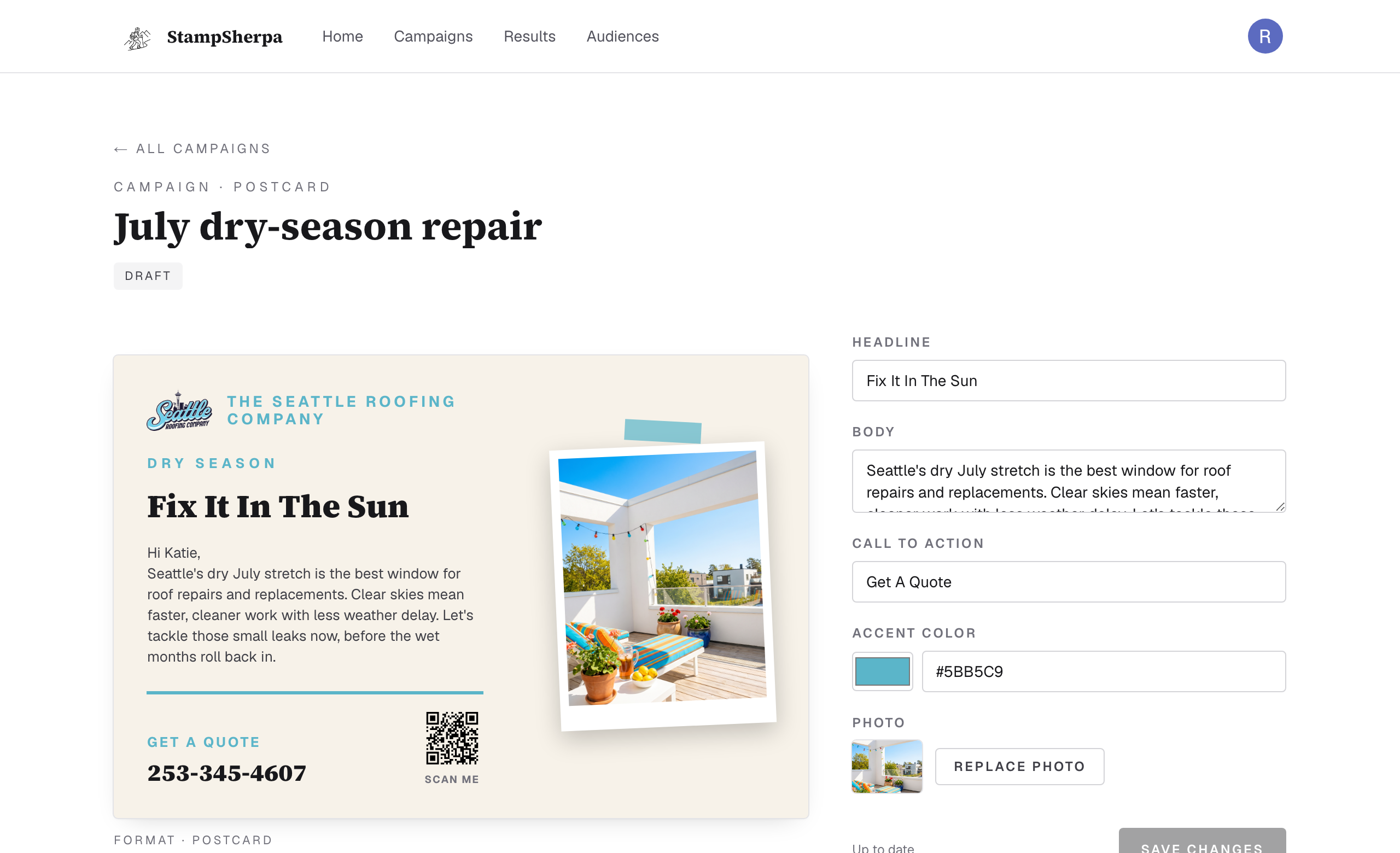 The campaign editor: postcard preview with headline, body, CTA, accent color and photo controls