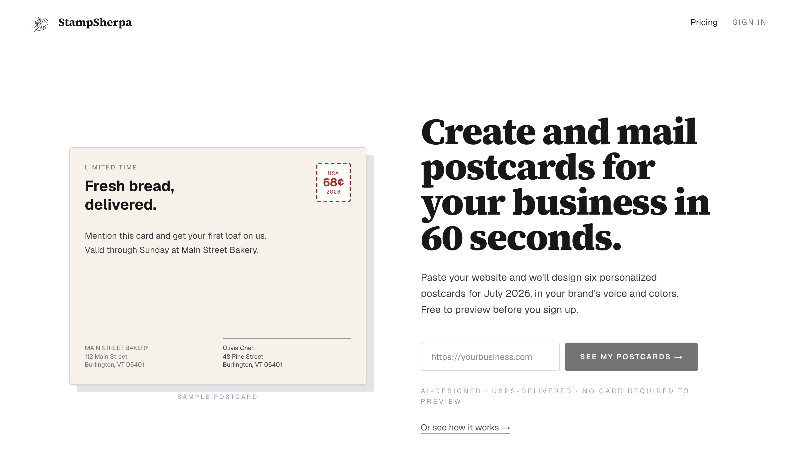 The StampSherpa homepage with the website field