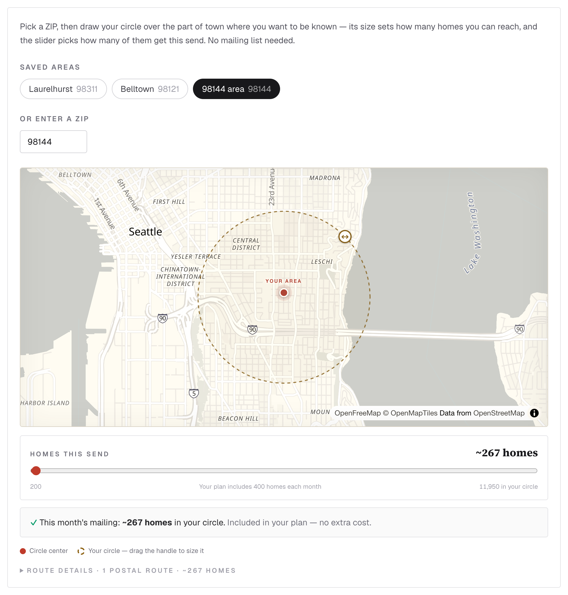 The neighborhood map: a dashed circle over the city with a homes slider below