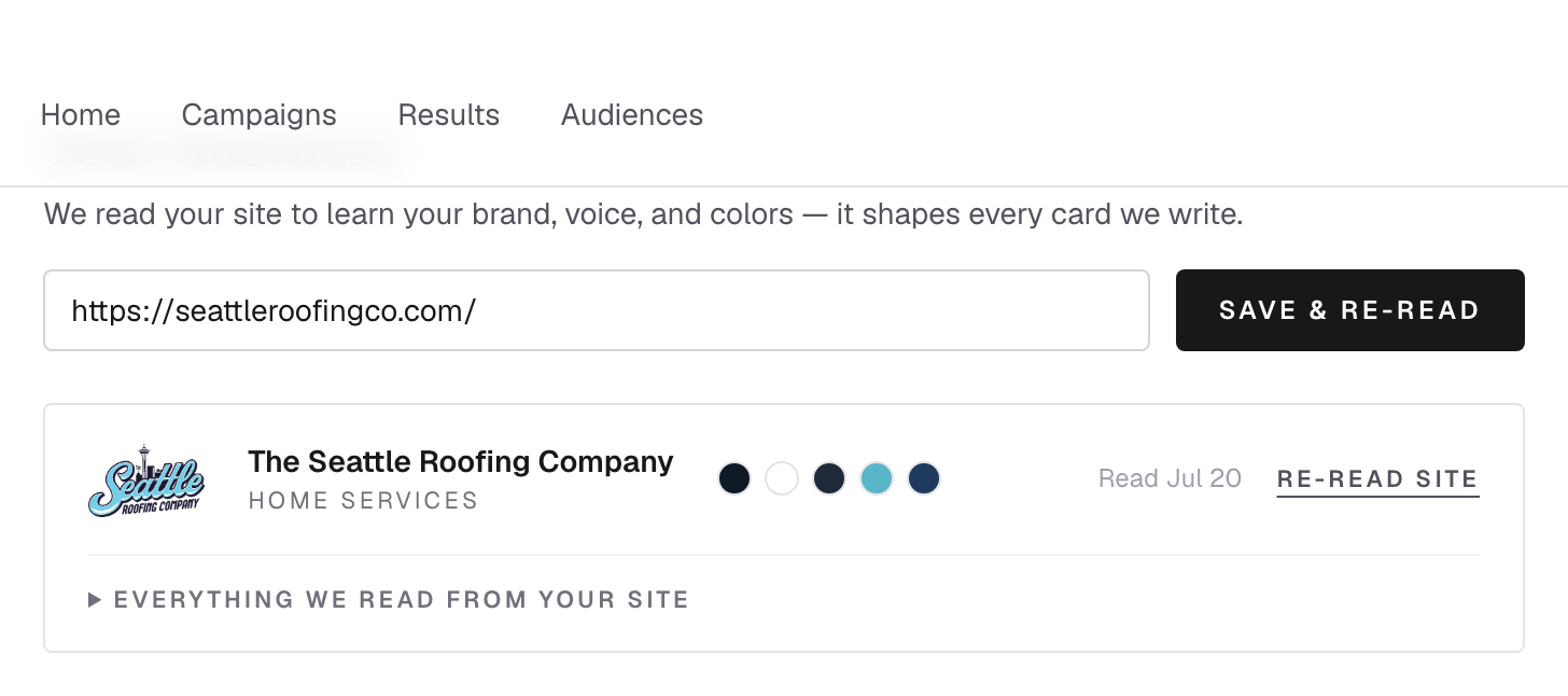 The Your business section with the website field