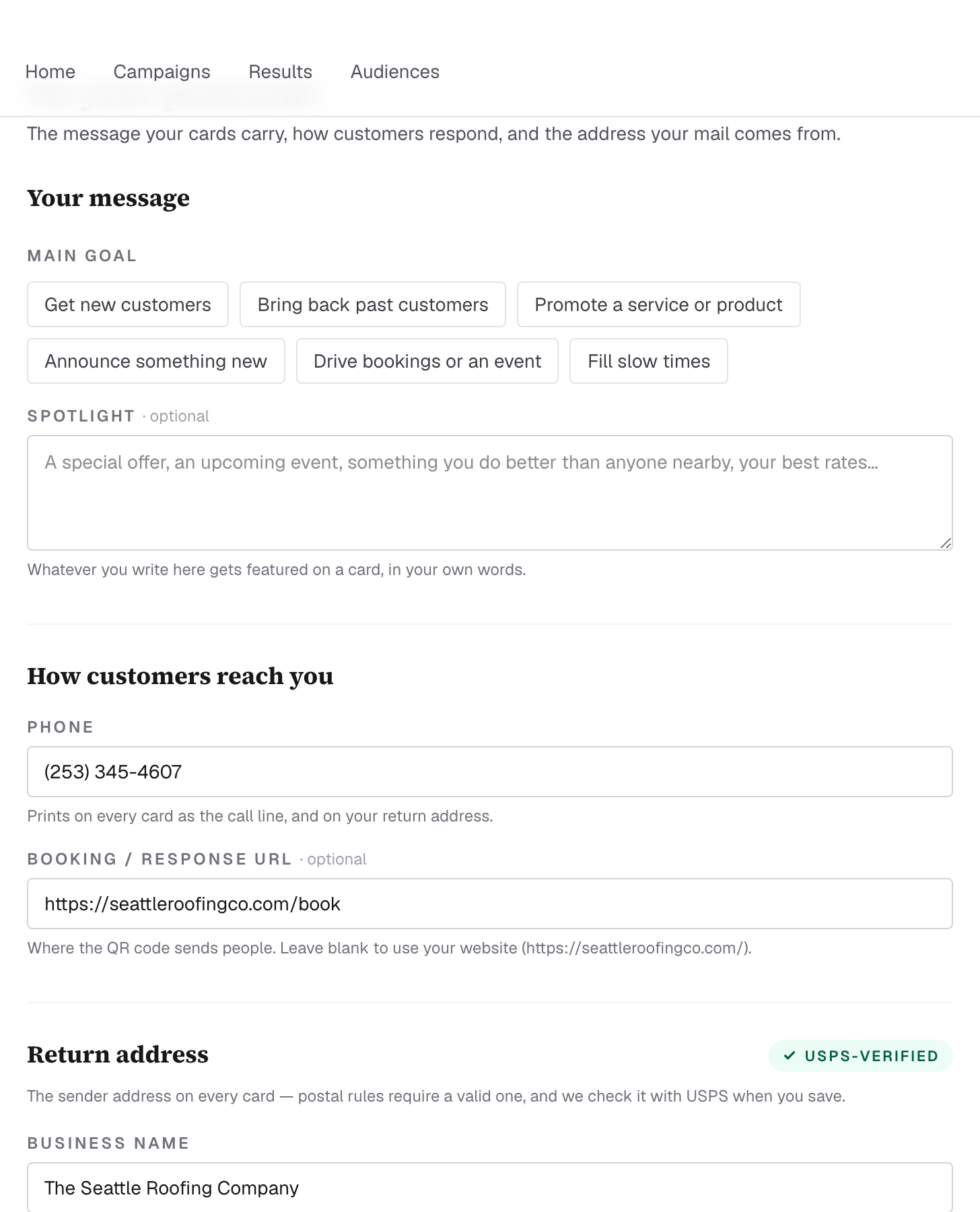 Message goal, phone, booking URL, and the USPS-verified return address